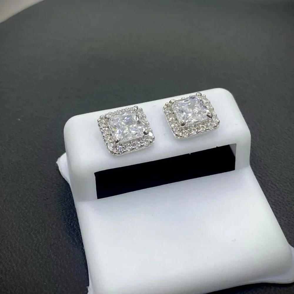 14K White Gold CZ Square Stud Earrings Baguette Push Back for Womens - Picture 5 of 6